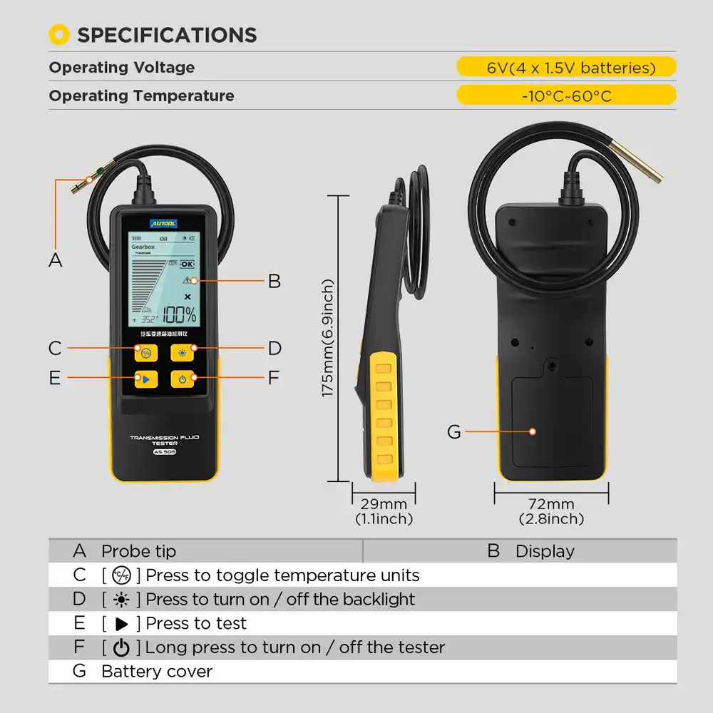 AUTOOL AS505 Şanzıman Yağı Kalite Ölçer Fonksiyonları