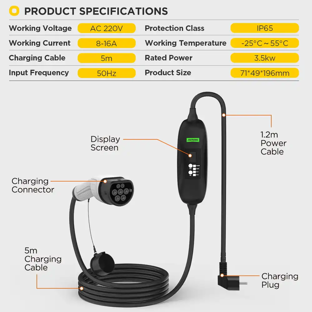 Autool C350 Taşınabilir Elektrikli Araç EV Şarj Cihazı / IP65 - 5
